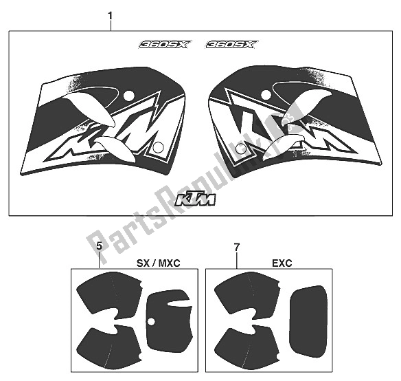 Todas as partes de Decalque 250-360 '97 do KTM 300 EXC M O 13 LT USA 1997