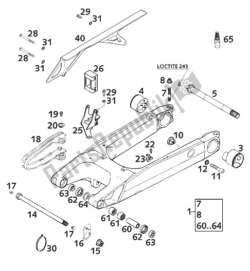 Todas as partes de Schwingarm, Kettenschutz 640 D do KTM 640 Duke II Lime Europe 2001