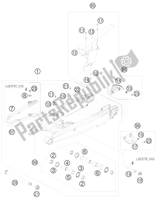 All parts for the Swing Arm of the KTM 990 Adventure R Australia United Kingdom 2010