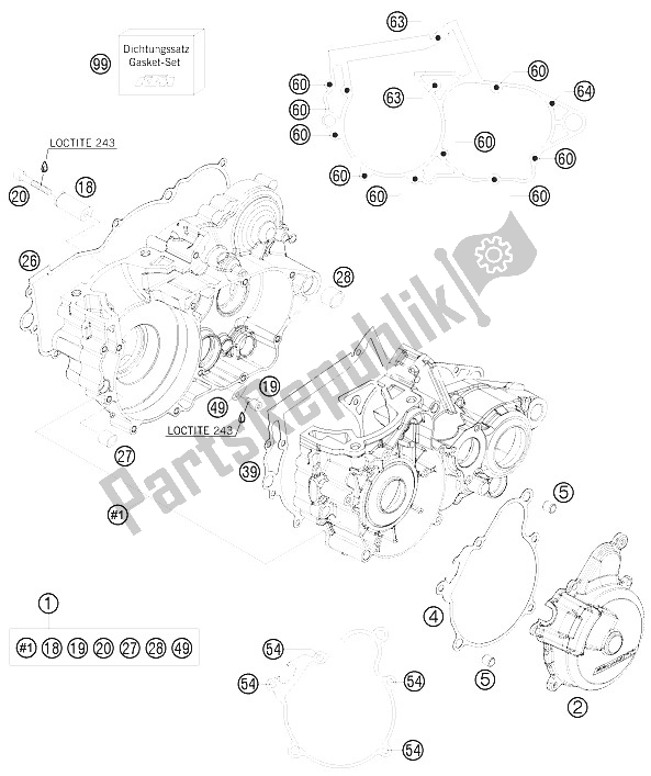 All parts for the Engine Case of the KTM 250 EXC Europe 2009