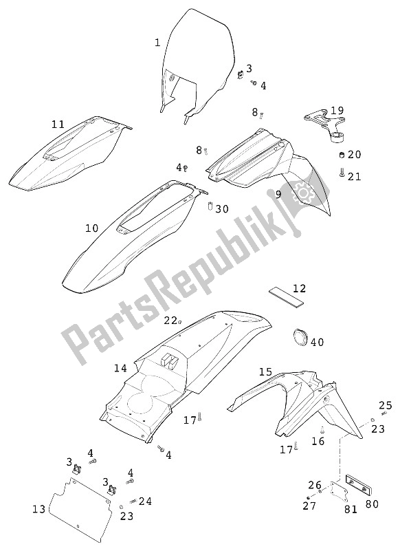 Tutte le parti per il Maschera - Parafango Lc4 2000 del KTM 400 LC4 E Europe 932606 2000