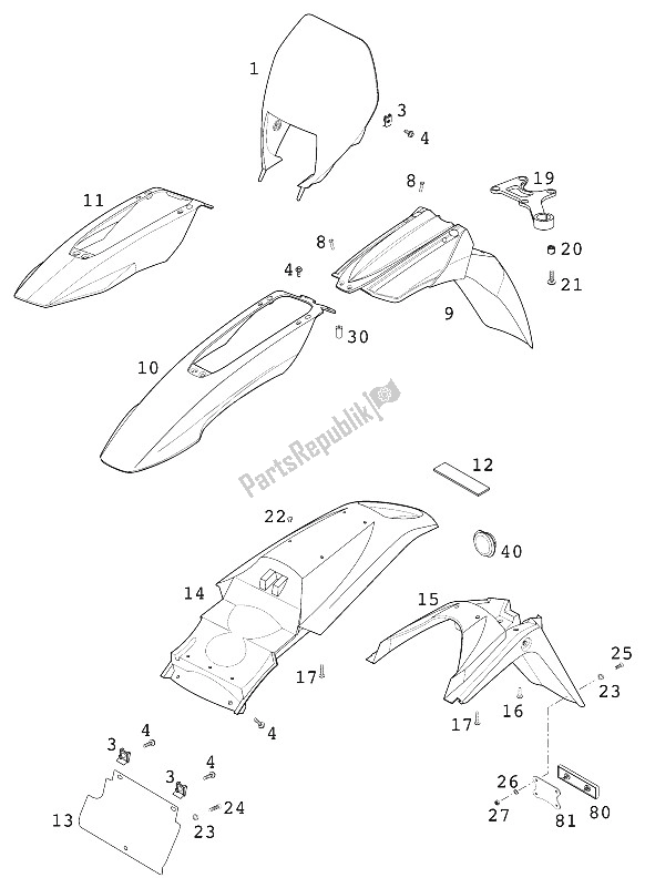 Tutte le parti per il Maschera - Parafango Lc4 2000 del KTM 400 LC4 E USA 2000