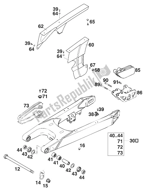 Todas las partes para Schwingarm, Kettenschutz 400/62 de KTM 620 SC Australia 2000