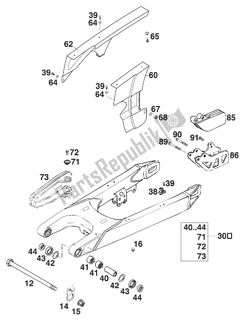 All parts for the Schwingarm,kettenschutz 400/62 of the KTM 620 SC Super Moto Europe 2000