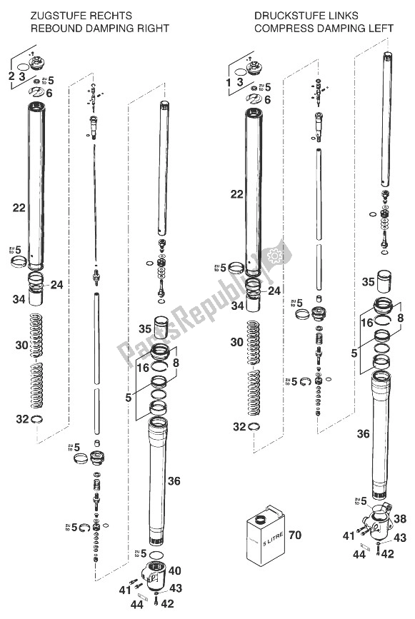 Tutte le parti per il Gambe Anteriori - Sospensione 125-380 Wp-extreme del KTM 250 SX 99 USA 1999