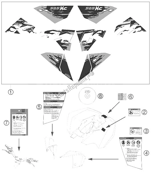 Tutte le parti per il Decalcomania del KTM 525 XC ATV Europe 2008