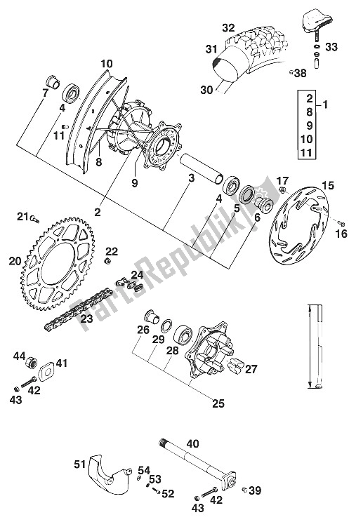 All parts for the Rear Wheel 350-620 Lc4'95 of the KTM 620 Super Comp WP 19 KW France 1995