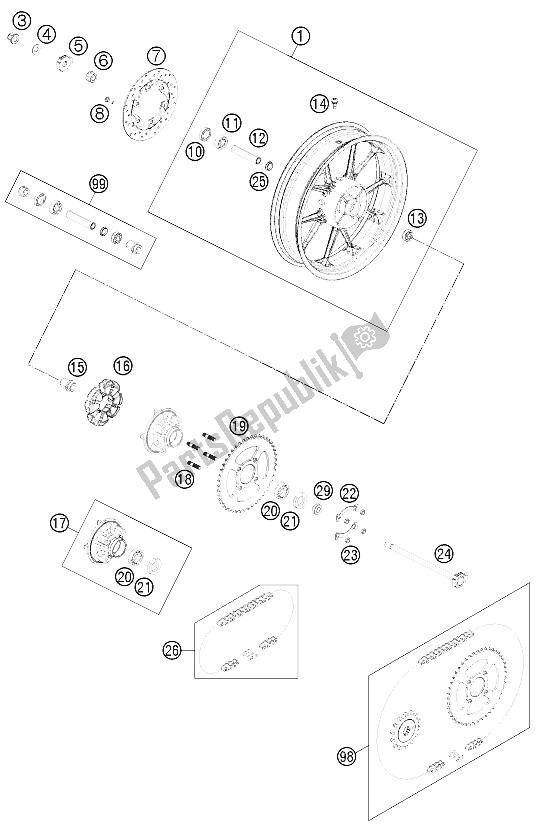 All parts for the Rear Wheel of the KTM 125 Duke Orange Europe 8003L4 2012