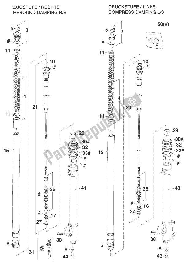 Todas as partes de Pernas Dianteiras - Suspensão 125-200 '98 do KTM 125 EGS 6 KW Europe 1998