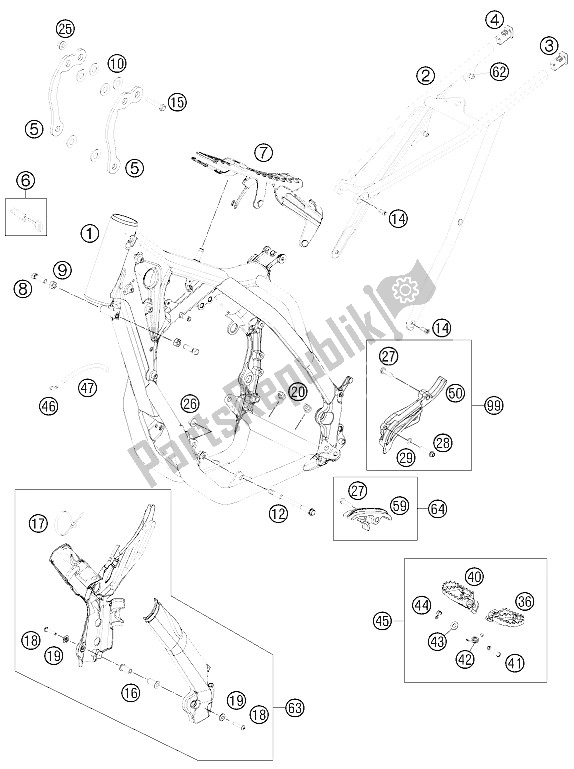 All parts for the Frame of the KTM 500 EXC Australia 2012