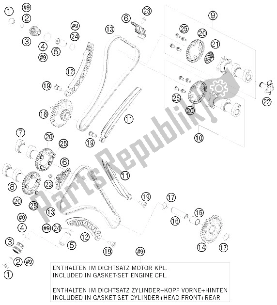 All parts for the Timing Drive of the KTM 1190 RC8R Track USA 2012