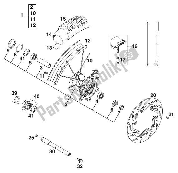 Tutte le parti per il Ruota Anteriore 125-360 Ecc., Ad Esempio '96 del KTM 125 EGS M ö 6 KW Europe 1996