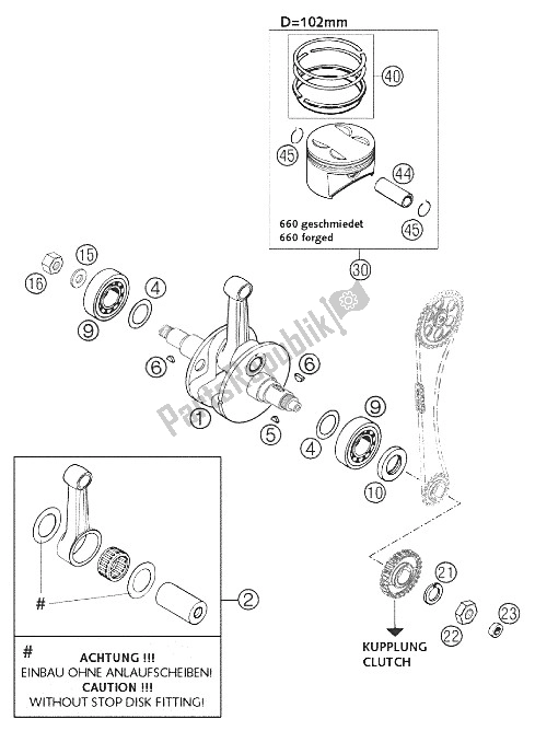 All parts for the Crankshaft, Piston 660 Rally of the KTM 660 Rallye Winner Bike Europe 2001