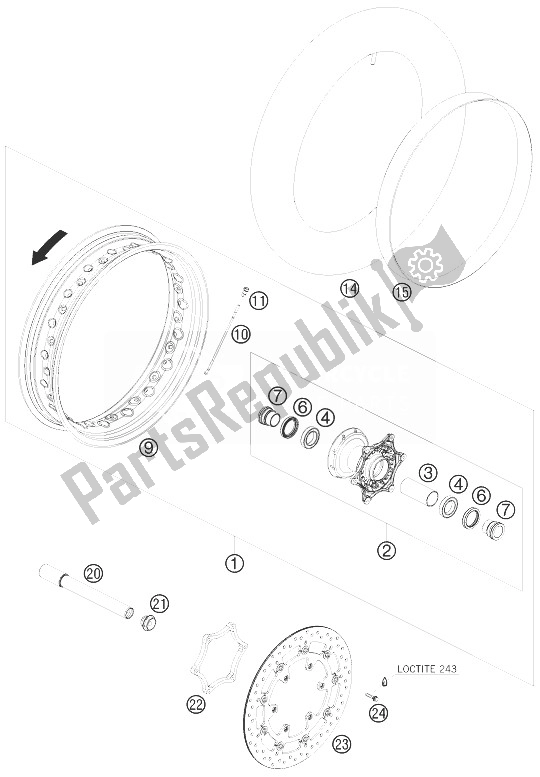 All parts for the Front Wheel of the KTM 690 Supermoto Black USA 2007