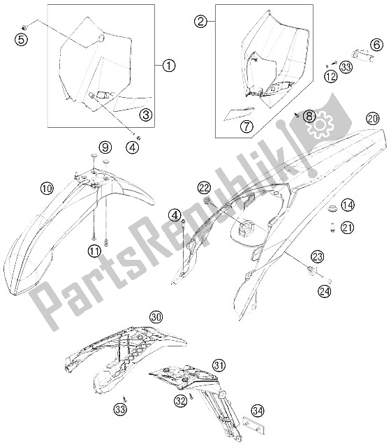 Alle onderdelen voor de Masker, Spatborden van de KTM 125 EXC Europe 2012