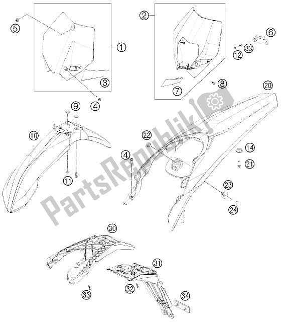 Alle onderdelen voor de Masker, Spatborden van de KTM 125 EXC Europe 2012