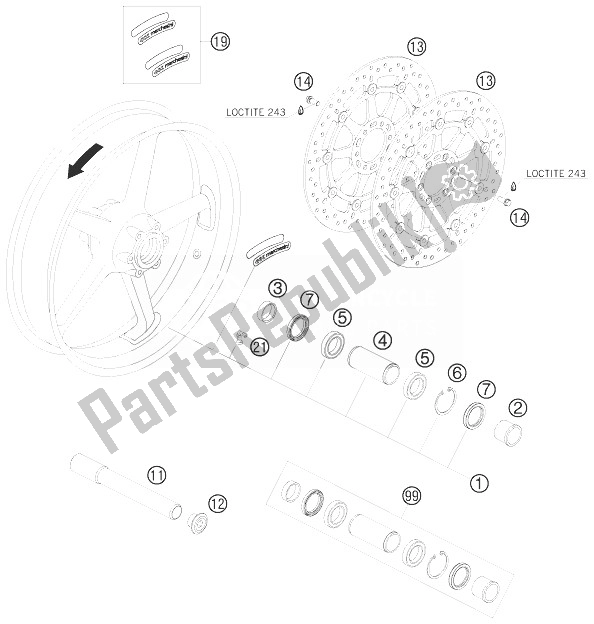 All parts for the Front Wheel of the KTM 990 Supermoto T Orange France 2010