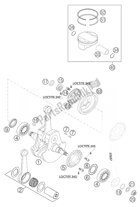 All parts for the Crankshaft, Piston 450/525 Sx of the KTM 450 SX Racing Europe 2004