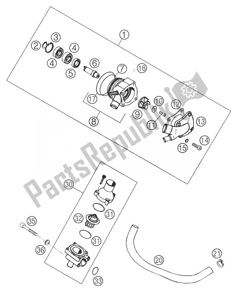 All parts for the Mech. Water Pump of the KTM 625 SMC Australia United Kingdom 2004