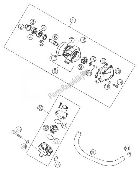 All parts for the Water Pump of the KTM 640 Adventure Europe 2007