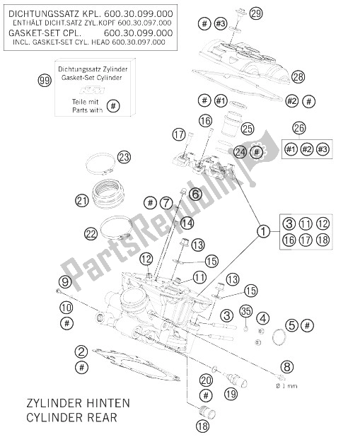 Todas as partes de Traseira Da Cabeça Do Cilindro do KTM 990 Super Duke R Australia United Kingdom 2013