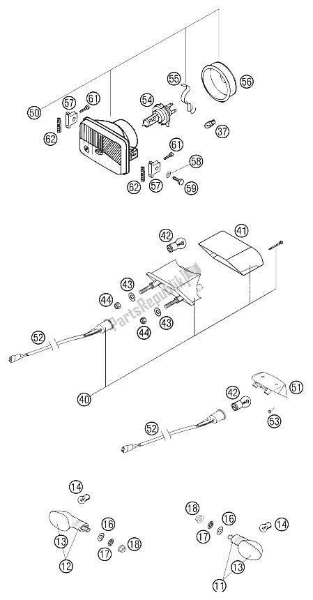 Tutte le parti per il Fanale Anteriore, Fanale Posteriore, Lampeggiatore del KTM 250 EXC Racing USA 2002