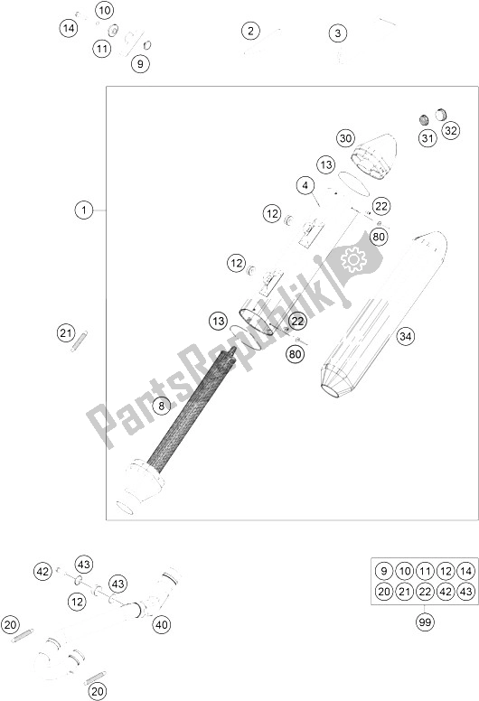 All parts for the Exhaust System of the KTM 350 EXC F CKD Brazil 2016