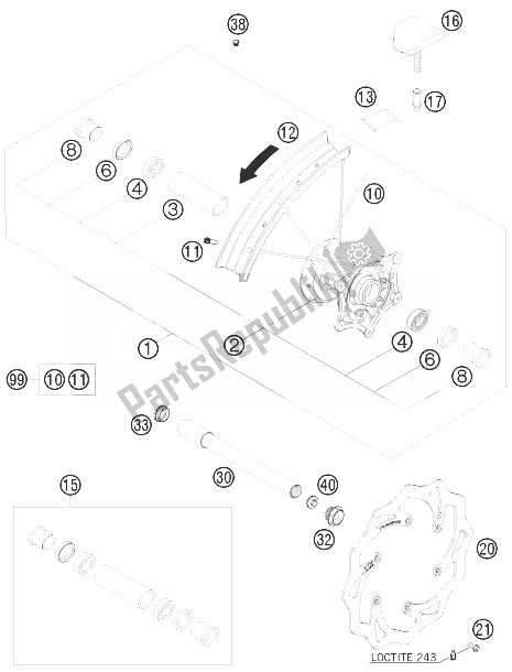 All parts for the Front Wheel of the KTM 125 EXC Europe 2010