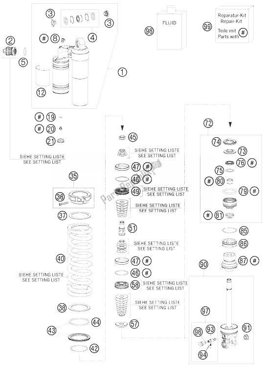 All parts for the Shock Absorber Disassembled of the KTM 125 SX Europe 2010