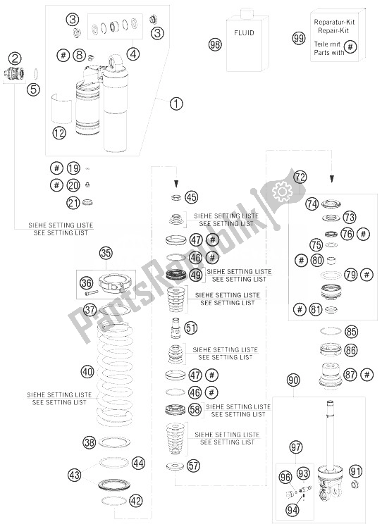 Alle onderdelen voor de Demper Gedemonteerd van de KTM 250 SX F Fact Repl Musq ED 10 Europe 2010