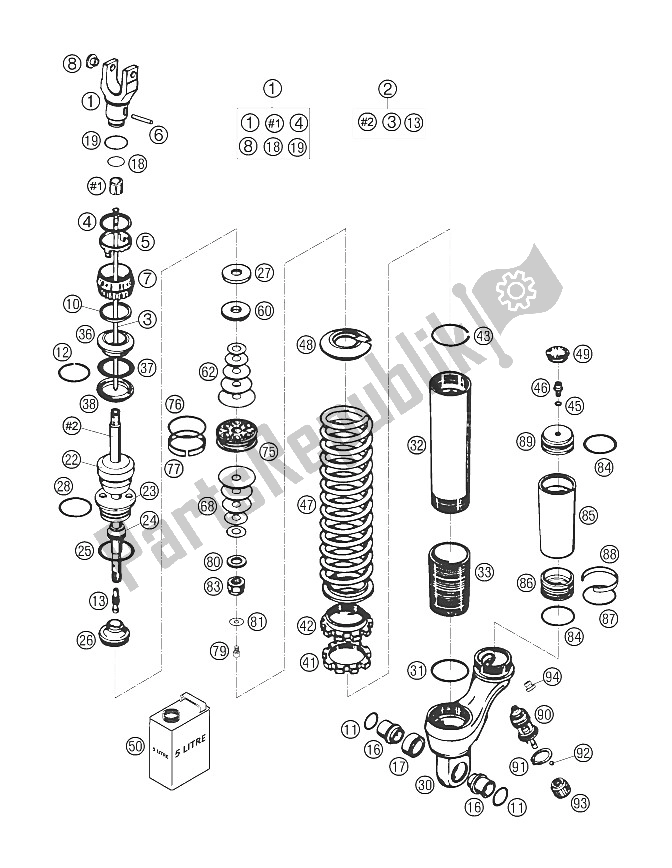 All parts for the Monoshock Disassembled of the KTM 625 SXC Europe 2006