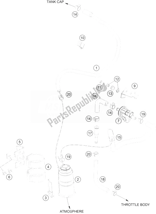 Tutte le parti per il Contenitore Per Evaporazione del KTM 390 Duke White ABS BAJ DIR 14 USA 2014