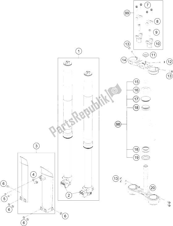 All parts for the Front Fork, Triple Clamp of the KTM Freeride 350 Australia 2016