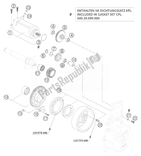 All parts for the Electric Starter Lc8 of the KTM 950 Adventure Orange LOW Europe 2003