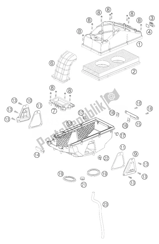 All parts for the Air Filter Box of the KTM 990 Super Duke Anthrazit 07 France 2007