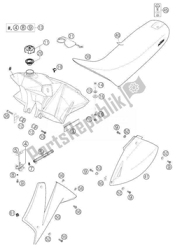 Tutte le parti per il Serbatoio Carburante, Sedile, Coperchio 660 Mq del KTM 660 SMC United Kingdom 2003