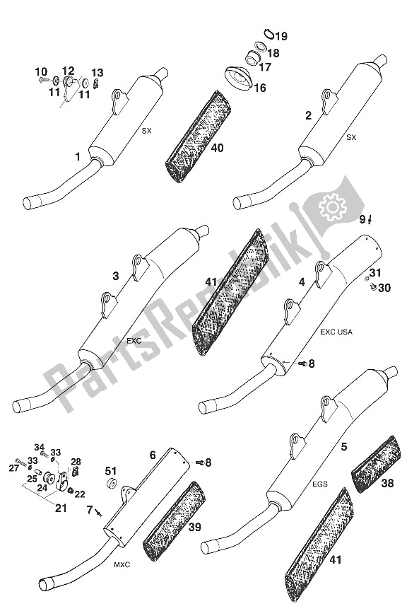 Toutes les pièces pour le Silencieux 250/300/360 '96 du KTM 250 SX M O USA 1996