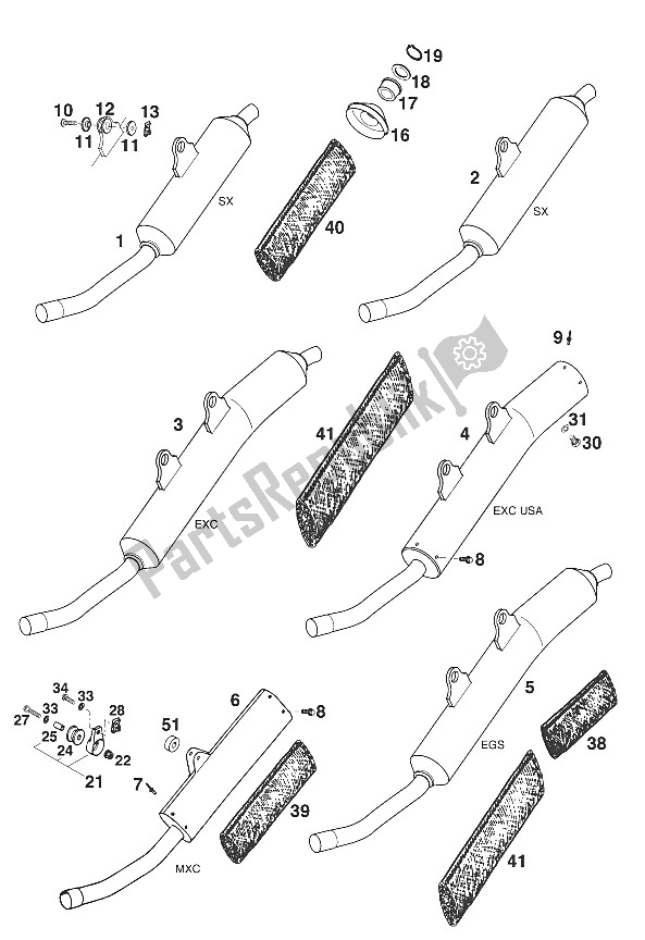 All parts for the Silencer 250/300/360 '96 of the KTM 300 EXC M O Europe 1996