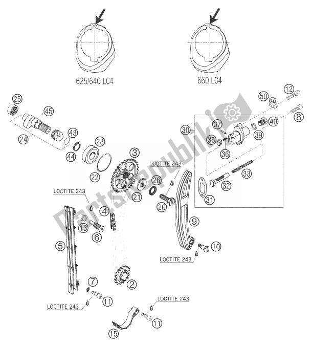 All parts for the Timing Drive of the KTM 640 Adventure Europe 2007