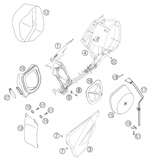 All parts for the Airfilter Box 125-300 of the KTM 200 EXC Europe 2004