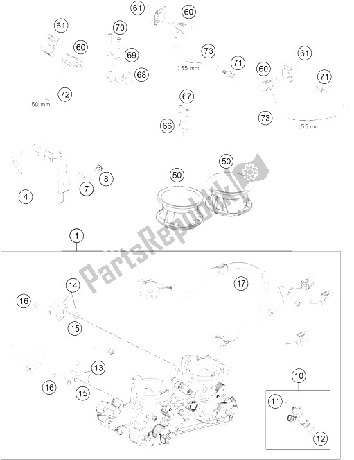 All parts for the Throttle Body of the KTM 990 SM T Orange ABS Spec Edit Brazil 2011