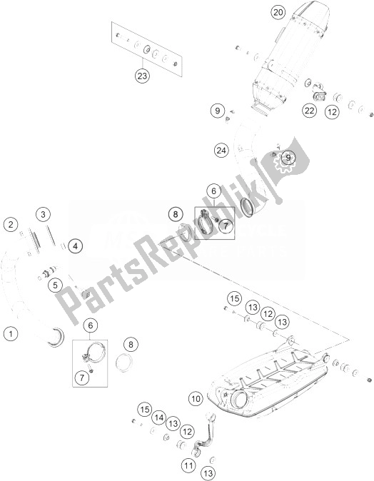 All parts for the Exhaust System of the KTM 690 Duke R ABS CKD Malaysia 2014