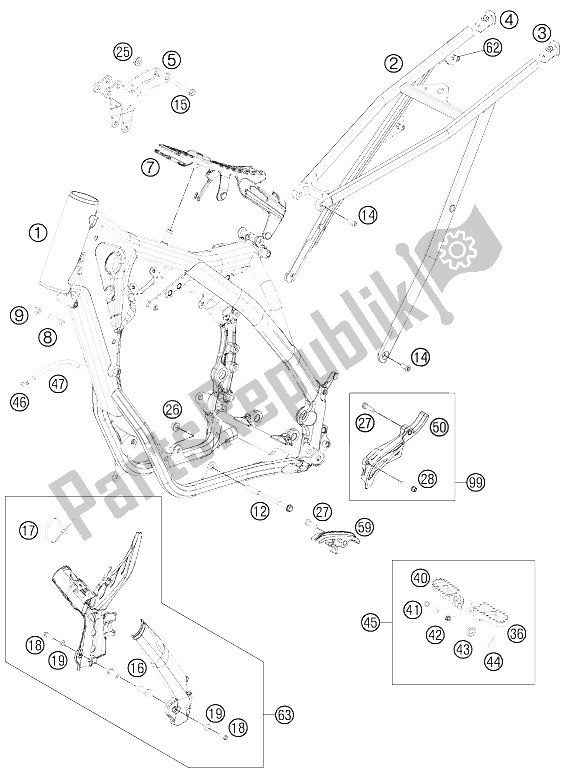 All parts for the Frame of the KTM 250 XC Europe USA 2012