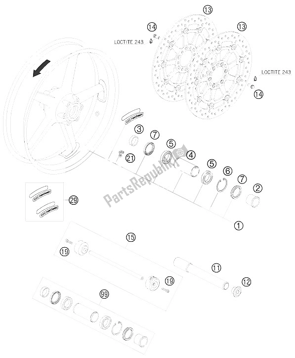 All parts for the Front Wheel of the KTM 990 Super Duke R France 2009