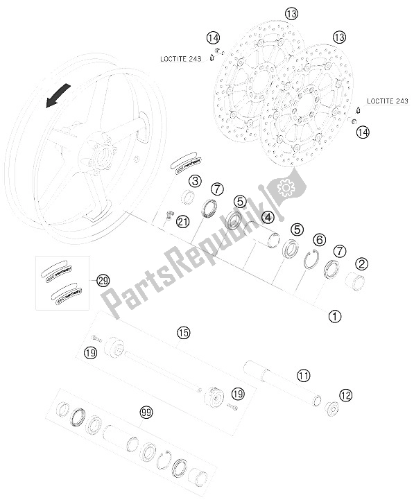 All parts for the Front Wheel of the KTM 990 Super Duke R USA 2008