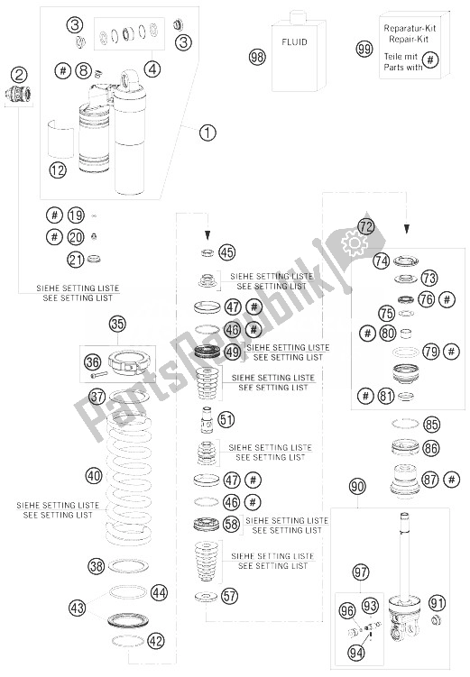 All parts for the Shock Absorber Disassembled of the KTM 125 EXC Europe 2010