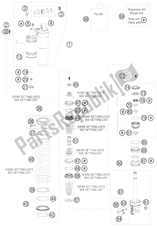 Alle onderdelen voor de Demper Gedemonteerd van de KTM 125 EXC SIX Days Europe 2010