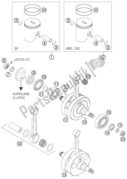 All parts for the Crankshaft, Piston 250/300 of the KTM 250 EXC Australia 2005