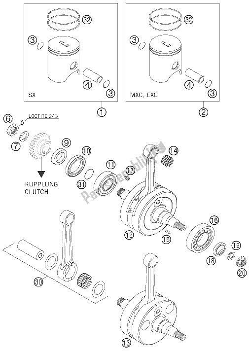 Toutes les pièces pour le Vilebrequin, Piston 250/300 du KTM 300 MXC USA 2005