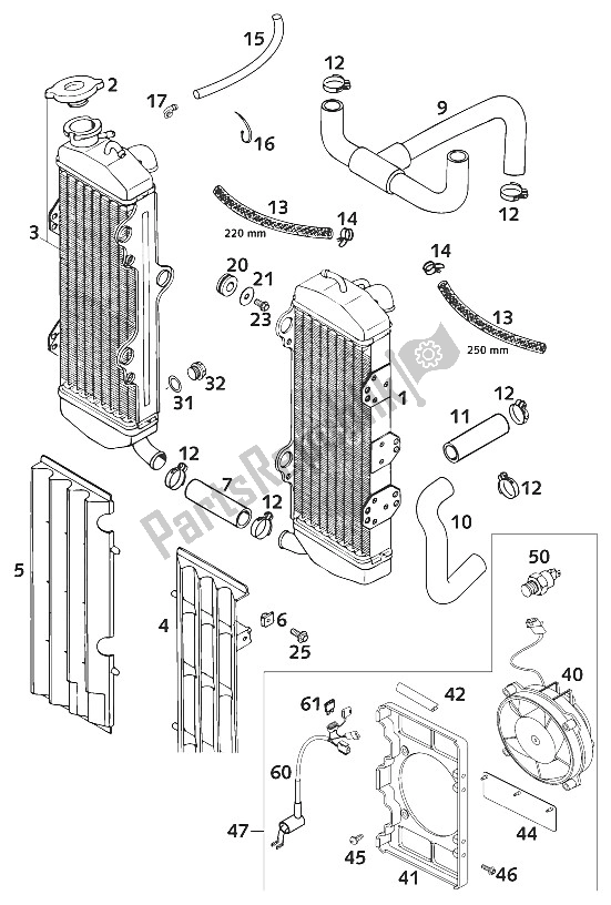 Tutte le parti per il Radiatore - Tubo Radiatore 620 2001 del KTM 620 SC Super Moto Europe 2000
